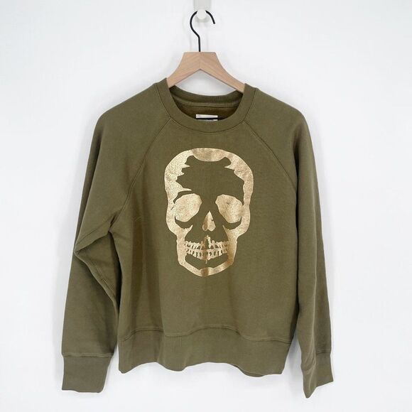 Zadig & Voltaire Metallic Gold Foiled Skull Fleece Sweatshirt Green Women's S - Picture 2 of 7